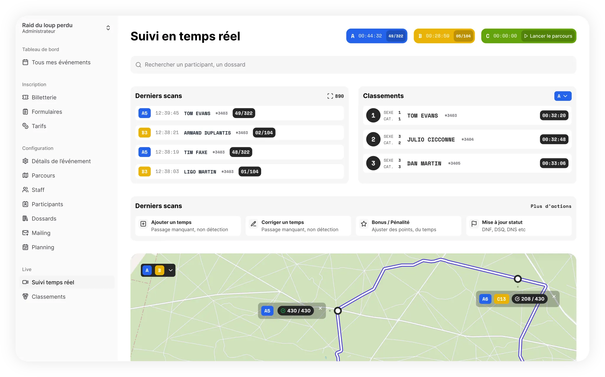 Écran de suivi en temps réel Dossard Club : derniers scans, classements et carte du parcours en direct