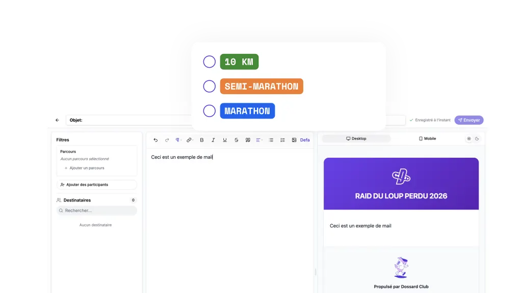 Éditeur d'emails automatiques Dossard Club pour communiquer avec les inscrits